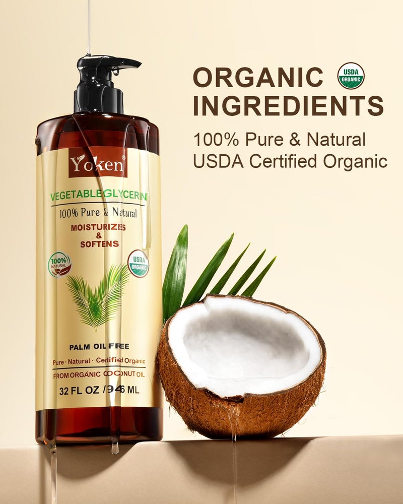 Yoken Glycerin Vegetable Glycerine 32 fl oz, Liquid Glycerol, Glicerina Vegetal, No Palm Oil, Organic Coconut-Derived, Natural Pure for Skin Face Hair, DIY Soap & Slime, Essential Oil Carrier - Image 3